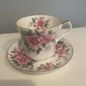 White teacup & saucer with pink flowers fine bone china made in England